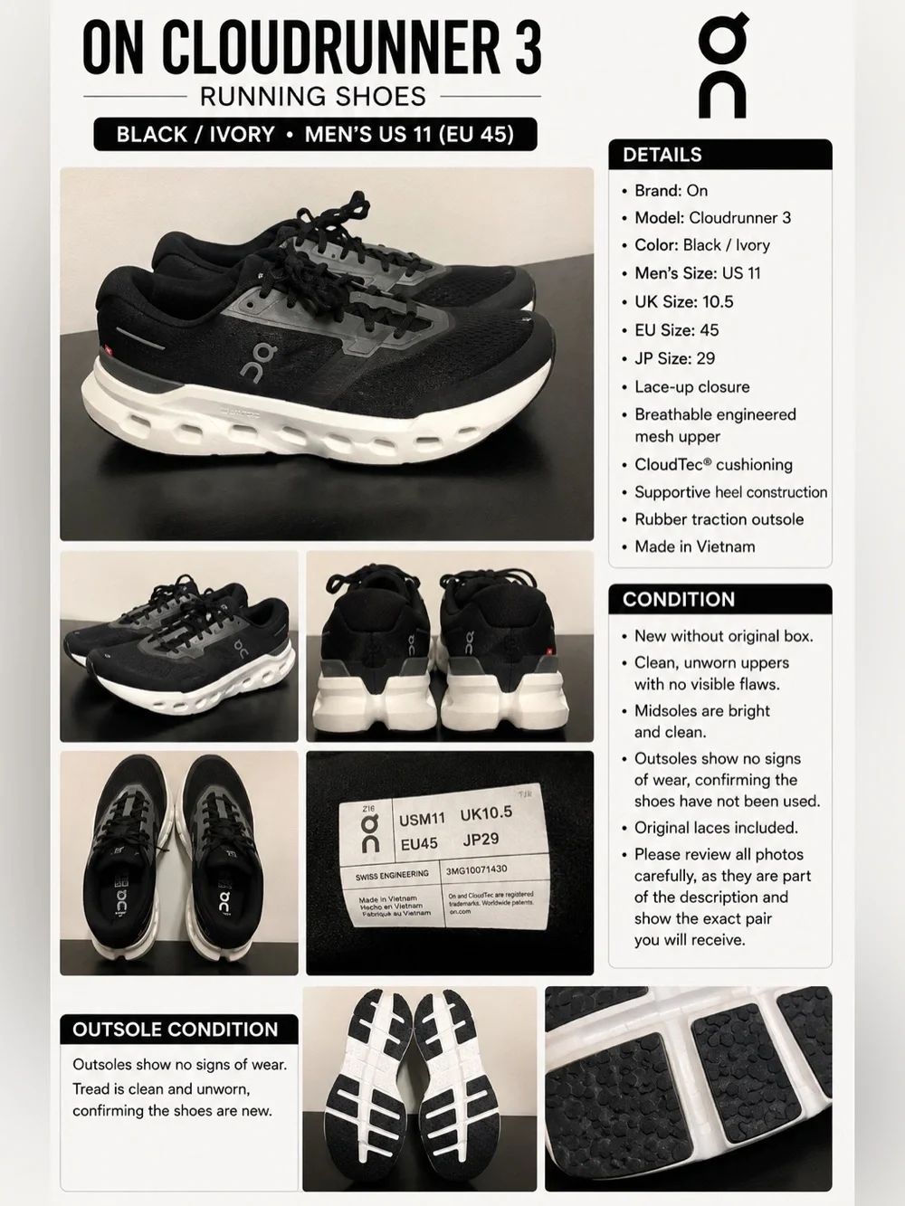 On Cloudrunner 3 Running Shoes Black/White Men’s US 11 EU 45 New
